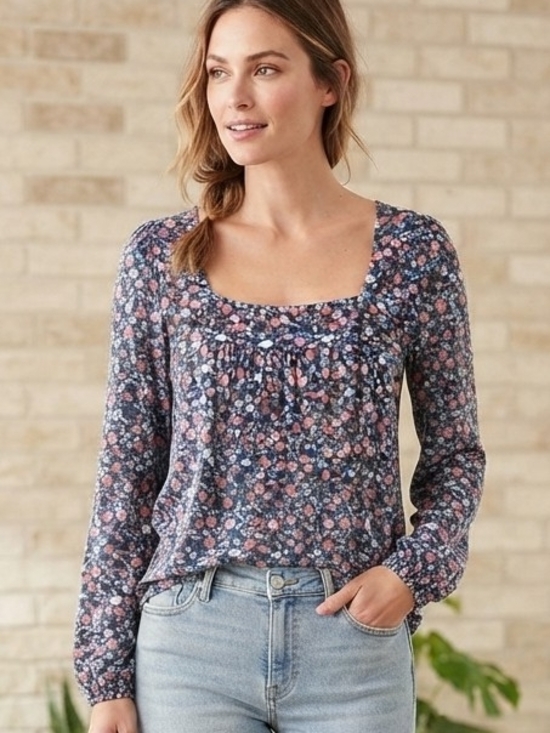 Lucky Brand Tops - Lucky Brand Navy Floral Square-Neck Long-Sleeve Blouse